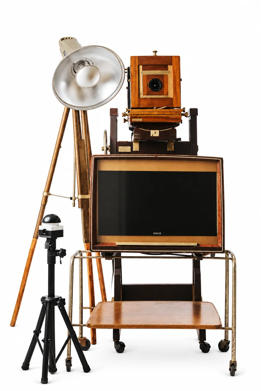 Komplette Fotobox mit Blitzlampe und 50er-Jahre-Bildschirm